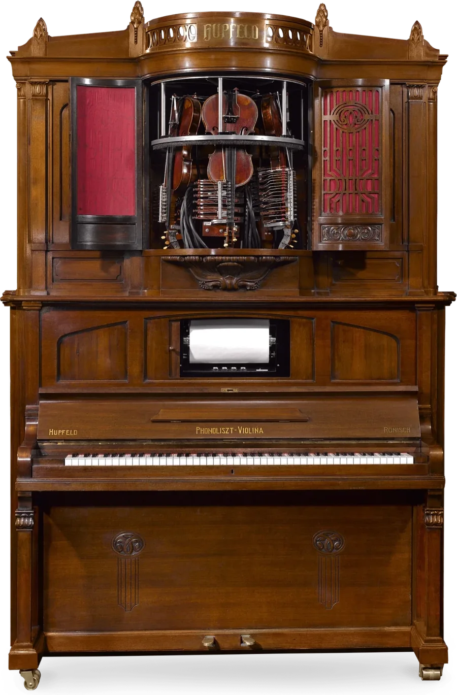 A Hupfeld Phonoliszt-Violina: an upright piano whose glazed upper case holds three violins ringed by a circular bow, with a perforated paper roll in a drawer above the keyboard